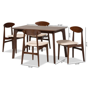 Baxton Studio Daria Mid-Century Modern Cream Fabric And Dark Brown Finished Wood 5-Piece Dining Set