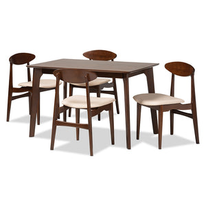 Baxton Studio Daria Mid-Century Modern Cream Fabric And Dark Brown Finished Wood 5-Piece Dining Set