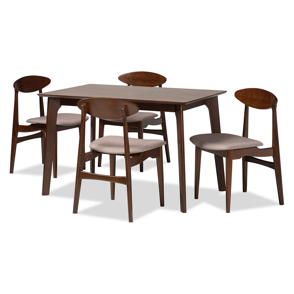 Baxton Studio Daria Mid-Century Modern Warm Grey Fabric And Dark Brown Finished Wood 5-Piece Dining Set