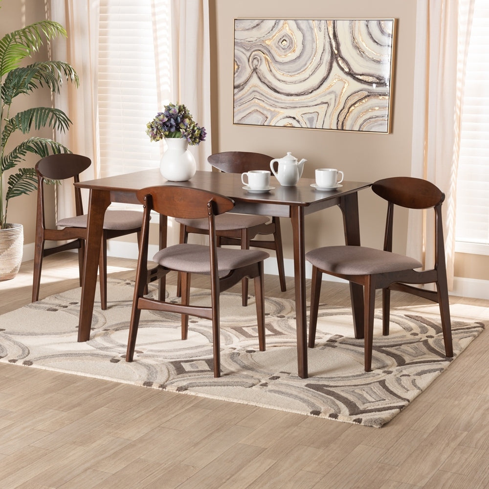 Baxton Studio Daria Mid-Century Modern Warm Grey Fabric And Dark Brown Finished Wood 5-Piece Dining Set