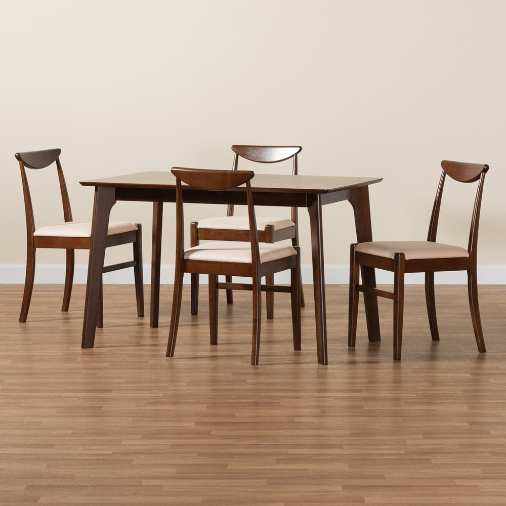 Baxton Studio Delphina Mid-Century Modern Cream Fabric And Dark Brown Finished Wood 5-Piece Dining Set