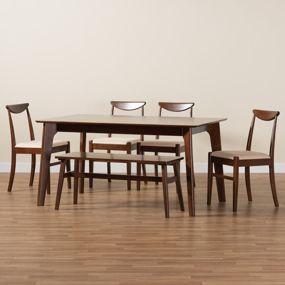 Baxton Studio Delphina Mid-Century Modern Cream Fabric And Dark Brown Finished Wood 6-Piece Dining Set