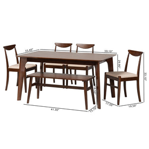 Baxton Studio Delphina Mid-Century Modern Cream Fabric And Dark Brown Finished Wood 6-Piece Dining Set