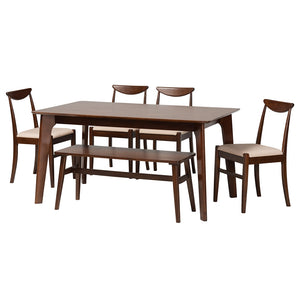 Baxton Studio Delphina Mid-Century Modern Cream Fabric And Dark Brown Finished Wood 6-Piece Dining Set