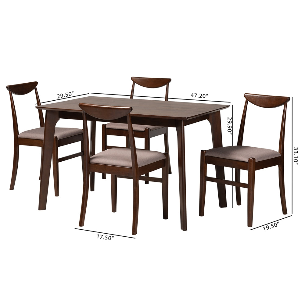 Baxton Studio Delphina Mid-Century Modern Warm Grey Fabric And Dark Brown Finished Wood 5-Piece Dining Set