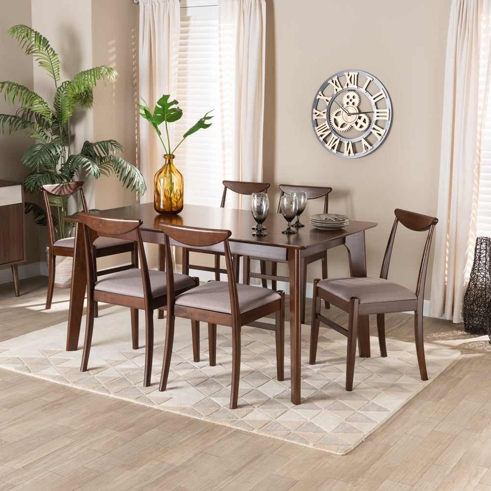 Baxton Studio Delphina Mid-Century Modern Warm Grey Fabric And Dark Brown Finished Wood 7-Piece Dining Set