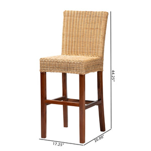 Baxton Studio Racquel Modern Bohemian Natural Rattan And Mahogany Wood Bar Stool