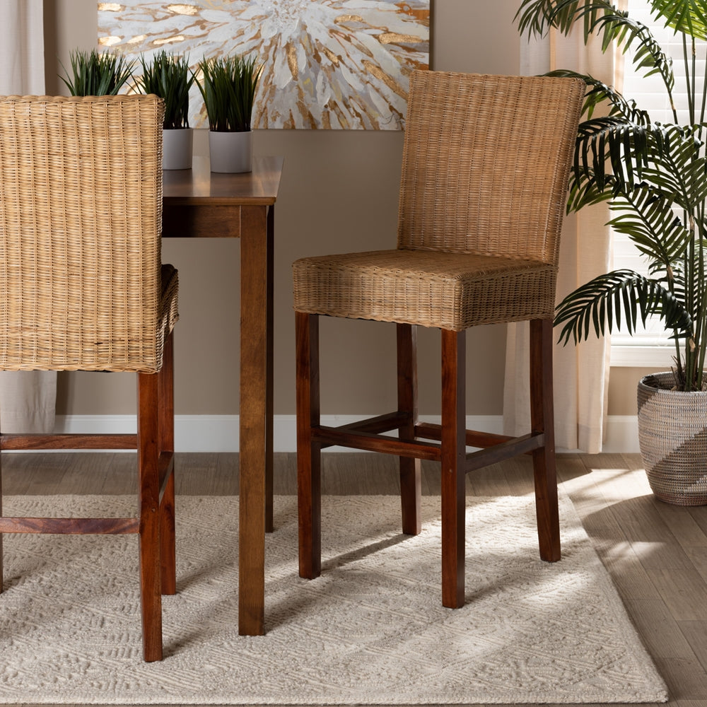 Baxton Studio Racquel Modern Bohemian Natural Rattan And Mahogany Wood Bar Stool