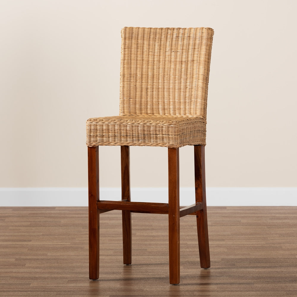 Baxton Studio Racquel Modern Bohemian Natural Rattan And Mahogany Wood Bar Stool