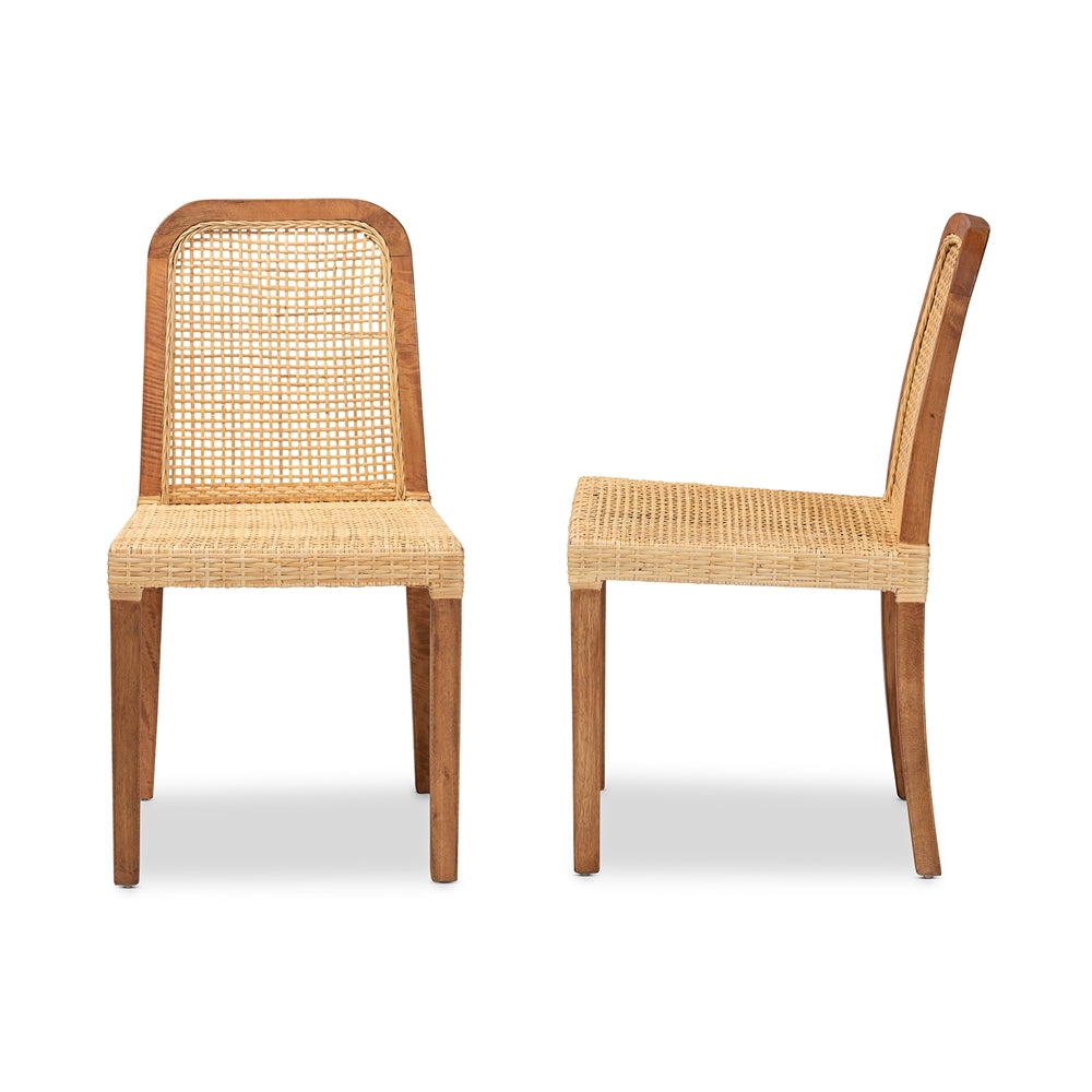 Baxton Studio Caspia Mid-Century Modern Walnut Brown Mahogany Wood And Natural Rattan 2-Piece Dining Chair Set