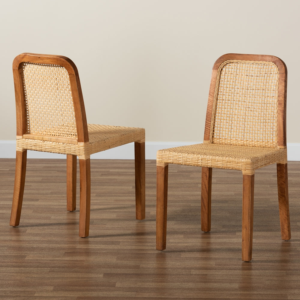 Baxton Studio Caspia Mid-Century Modern Walnut Brown Mahogany Wood And Natural Rattan 2-Piece Dining Chair Set