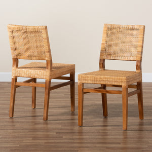 Baxton Studio Lesia Modern Bohemian Natural Brown Rattan And Walnut Brown Mahogany Wood 2-Piece Dining Chair Set