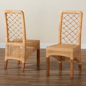 Baxton Studio Moscow Modern Bohemian Natural Brown Rattan And Walnut Brown Mahogany Wood 2-Piece Dining Chair Set