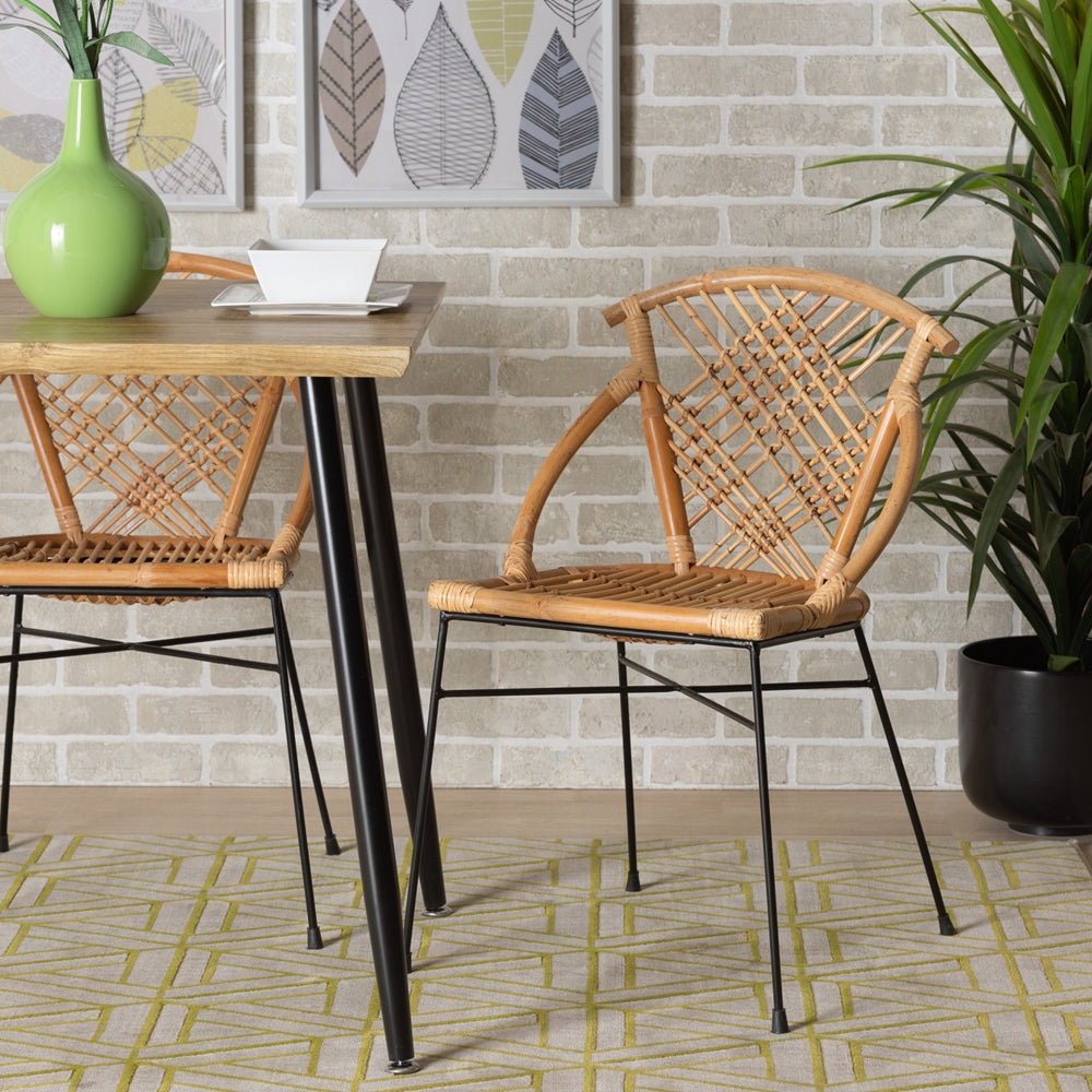 Baxton Studio Pro Modern Bohemian Natural Brown Rattan And Black Metal 2-Piece Dining Chair Set