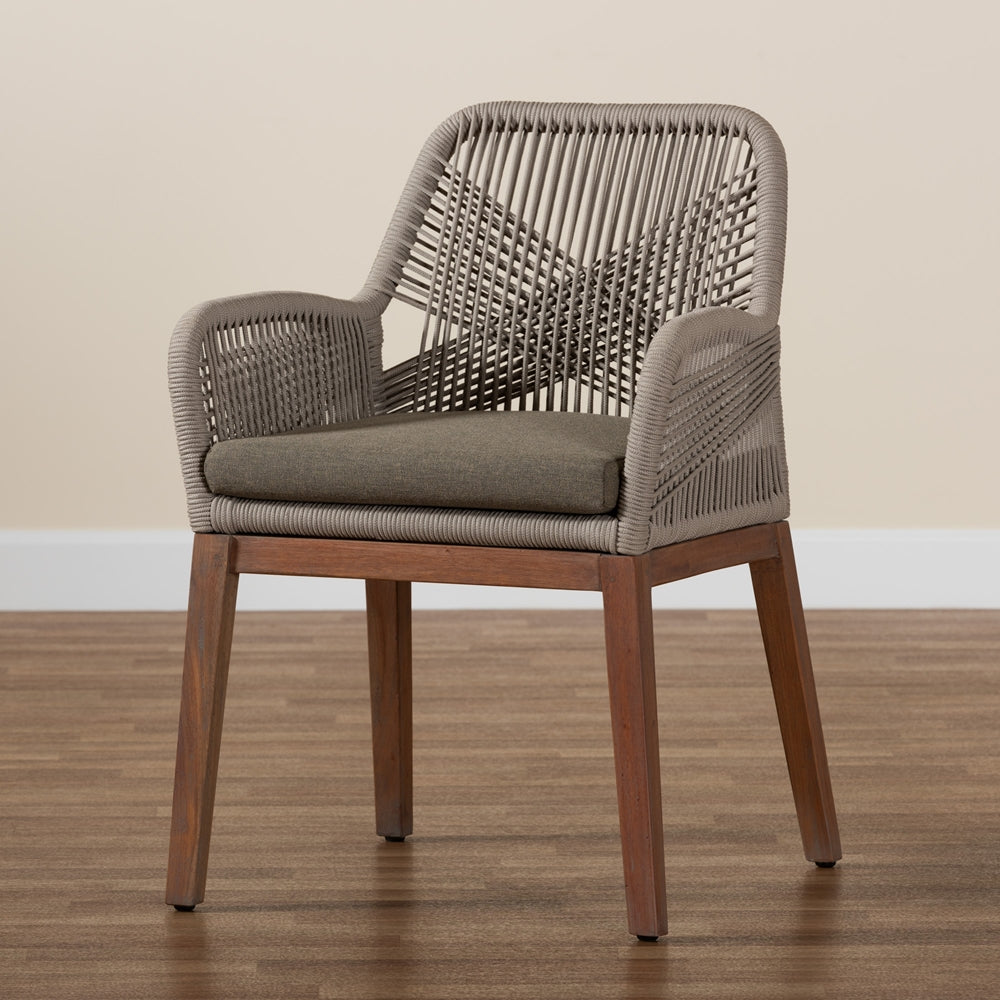 Baxton Studio Jennifer Mid-Century Transitional Grey Woven Rope Mahogany Dining Arm Chair