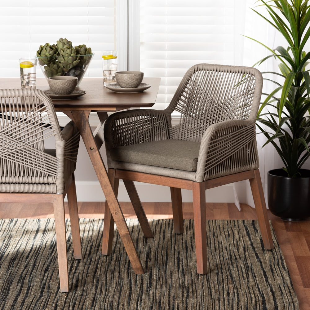 Baxton Studio Jennifer Mid-Century Transitional Grey Woven Rope Mahogany Dining Arm Chair