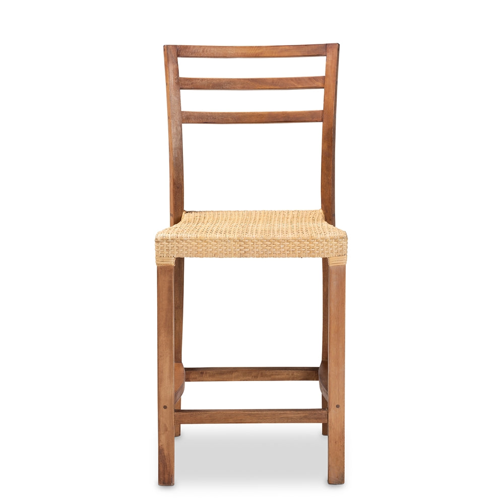 Baxton Studio Arthur Mid-Century Modern Walnut Brown Mahogany Wood And Natural Rattan Counter Stool