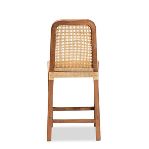 Baxton Studio Caspia Mid-Century Modern Walnut Brown Mahogany Wood And Natural Rattan Counter Stool