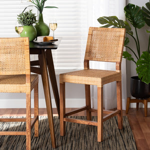 Baxton Studio Lesia Modern Bohemian Natural Brown Rattan And Walnut Brown Mahogany Wood Counter Stool