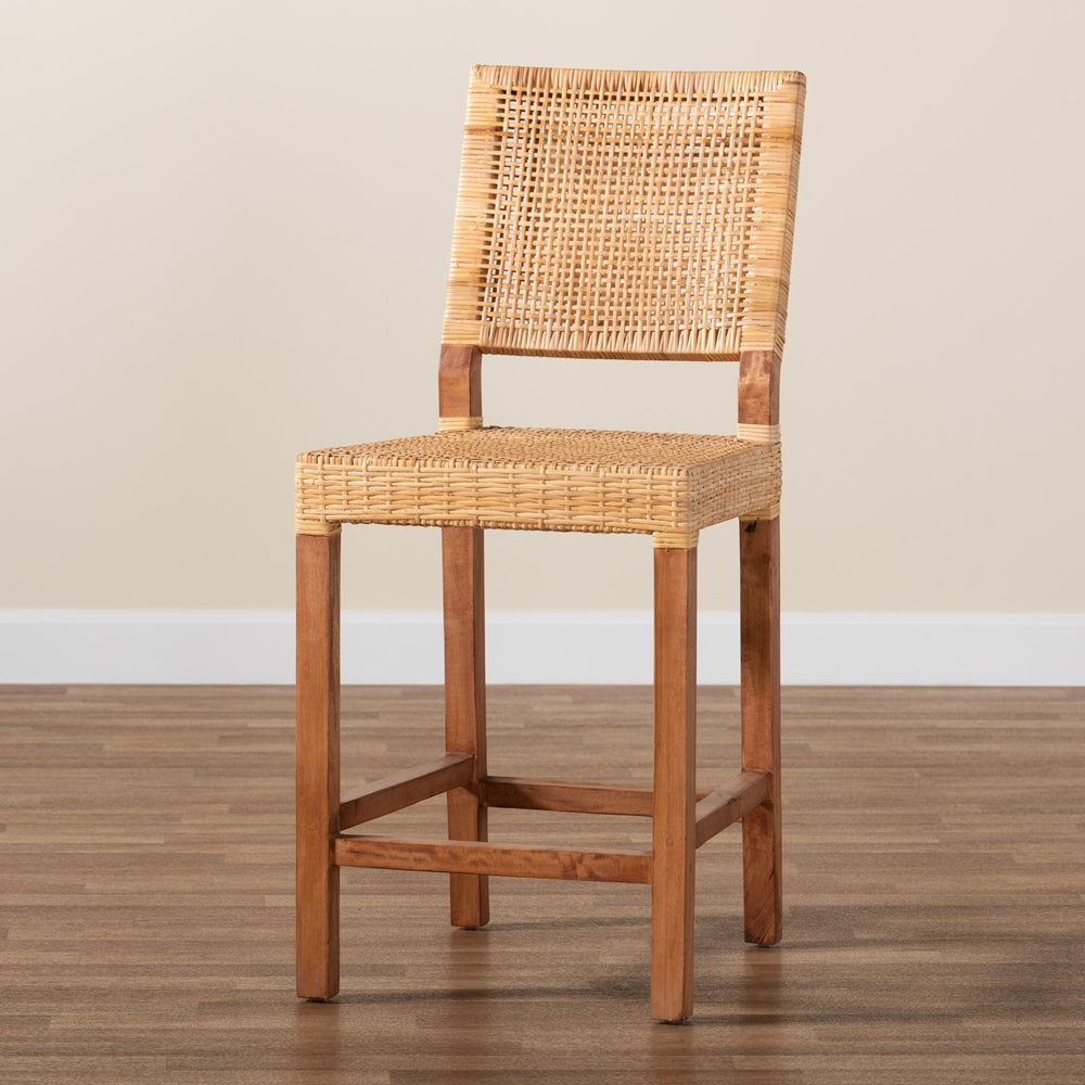 Baxton Studio Lesia Modern Bohemian Natural Brown Rattan And Walnut Brown Mahogany Wood Counter Stool