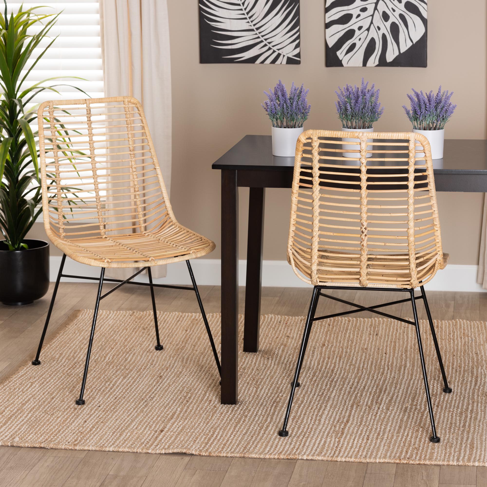 Baxton Studio Manhattan Modern Bohemian Natural Brown Rattan And Black Metal 2-Piece Dining Chair Set