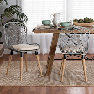 Baxton Studio Sabelle Modern Bohemian Natural Brown Finished Teak Wood And Light Blue Rattan 2-Piece Dining Chair Set