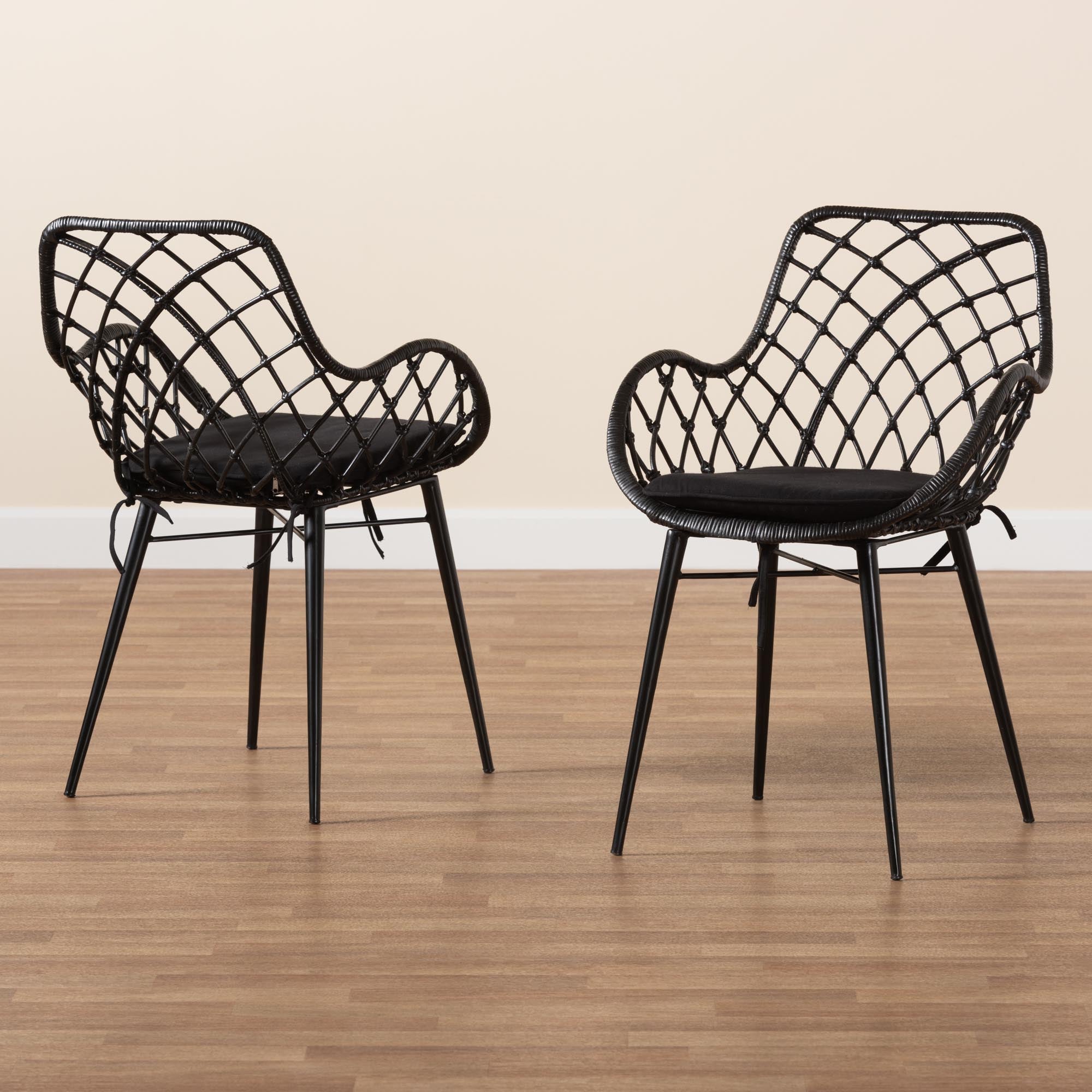 Baxton Studio Ballerina Modern Bohemian Black Finished Rattan And Metal 2-Piece Dining Chair Set