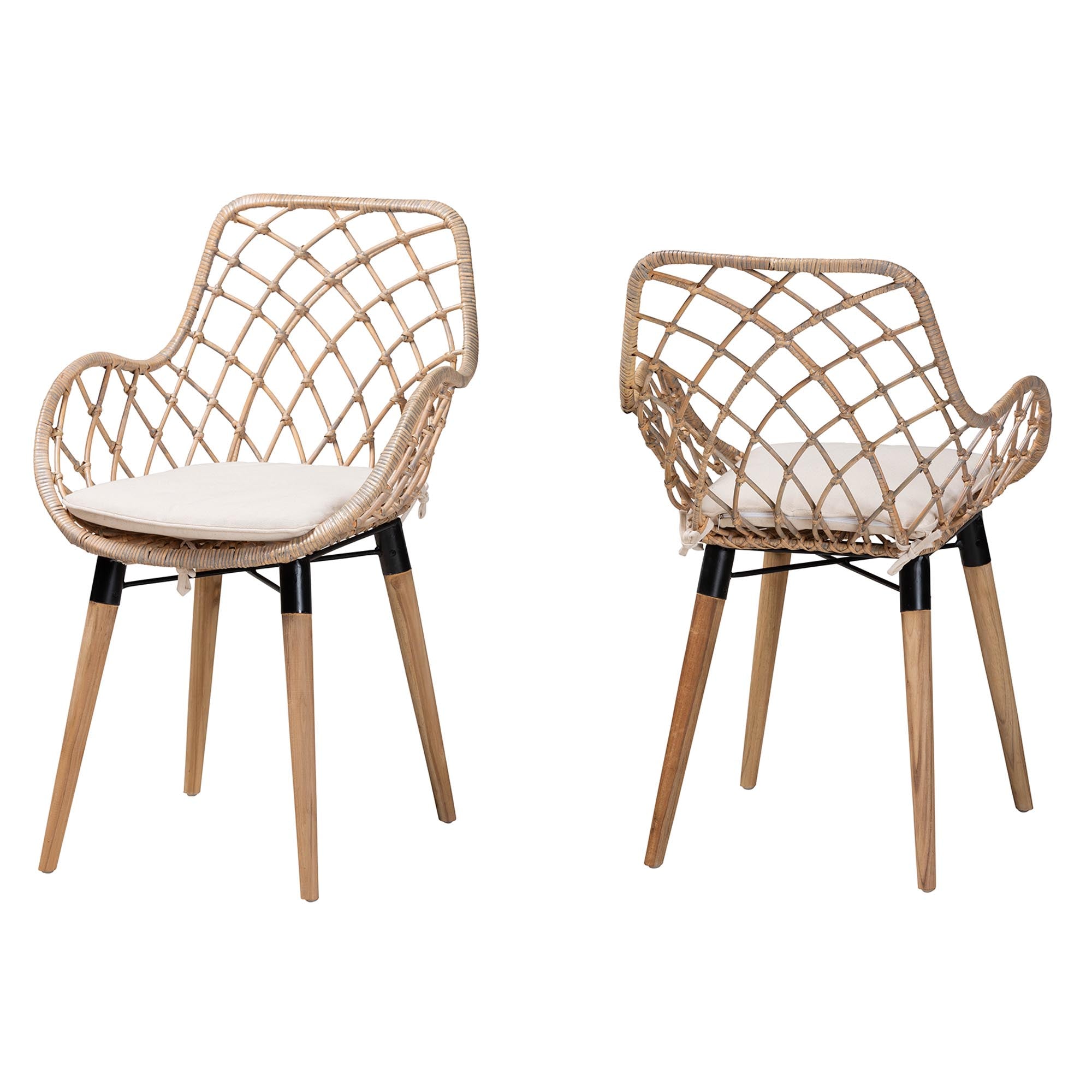 Baxton Studio Ballerina Modern Bohemian Natural Brown Finished Teak Wood And Greywashed Rattan 2-Piece Dining Chair Set