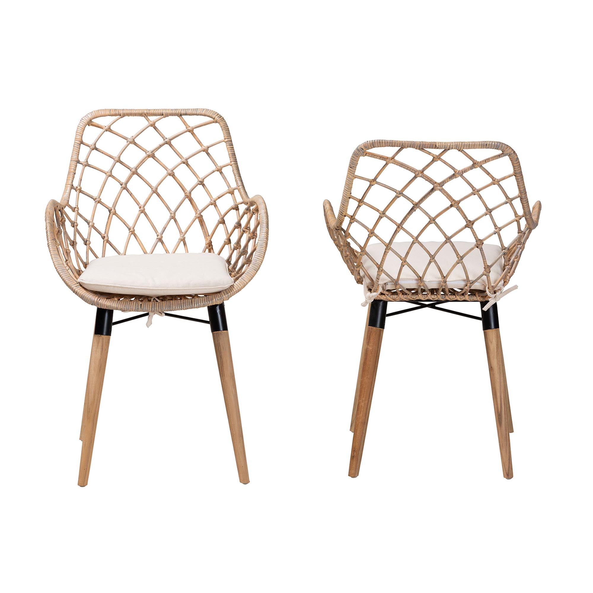 Baxton Studio Ballerina Modern Bohemian Natural Brown Finished Teak Wood And Greywashed Rattan 2-Piece Dining Chair Set