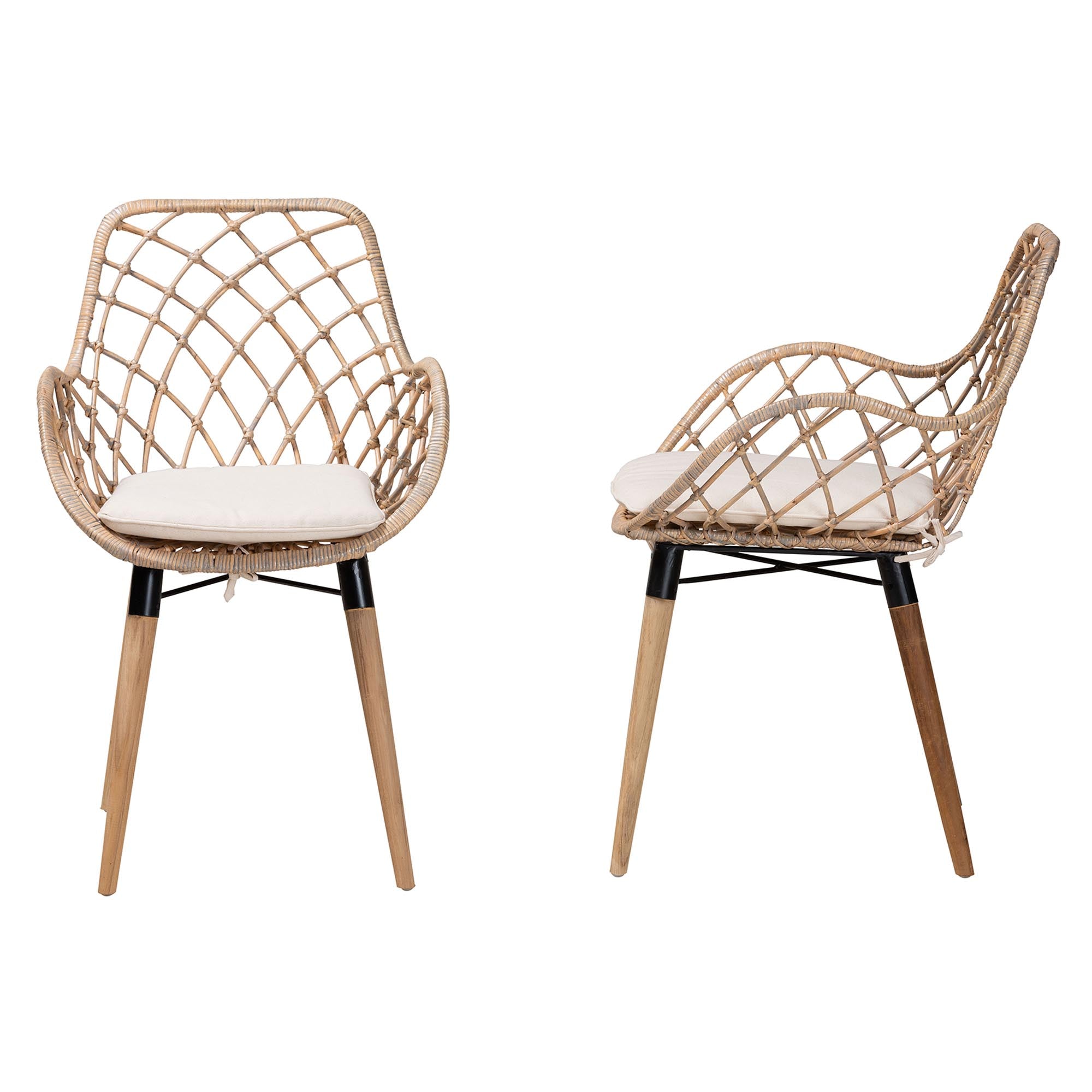 Baxton Studio Ballerina Modern Bohemian Natural Brown Finished Teak Wood And Greywashed Rattan 2-Piece Dining Chair Set