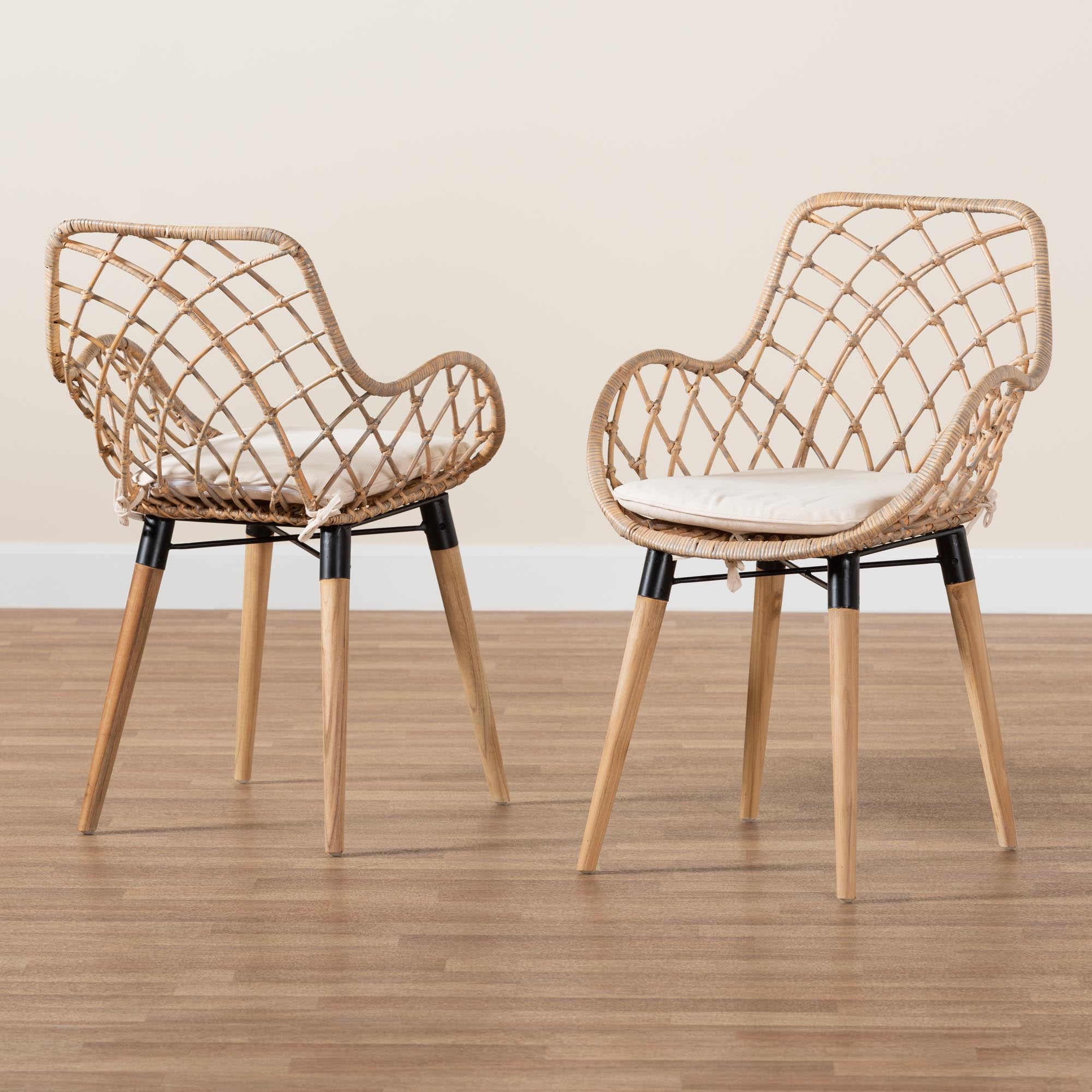 Baxton Studio Ballerina Modern Bohemian Natural Brown Finished Teak Wood And Greywashed Rattan 2-Piece Dining Chair Set