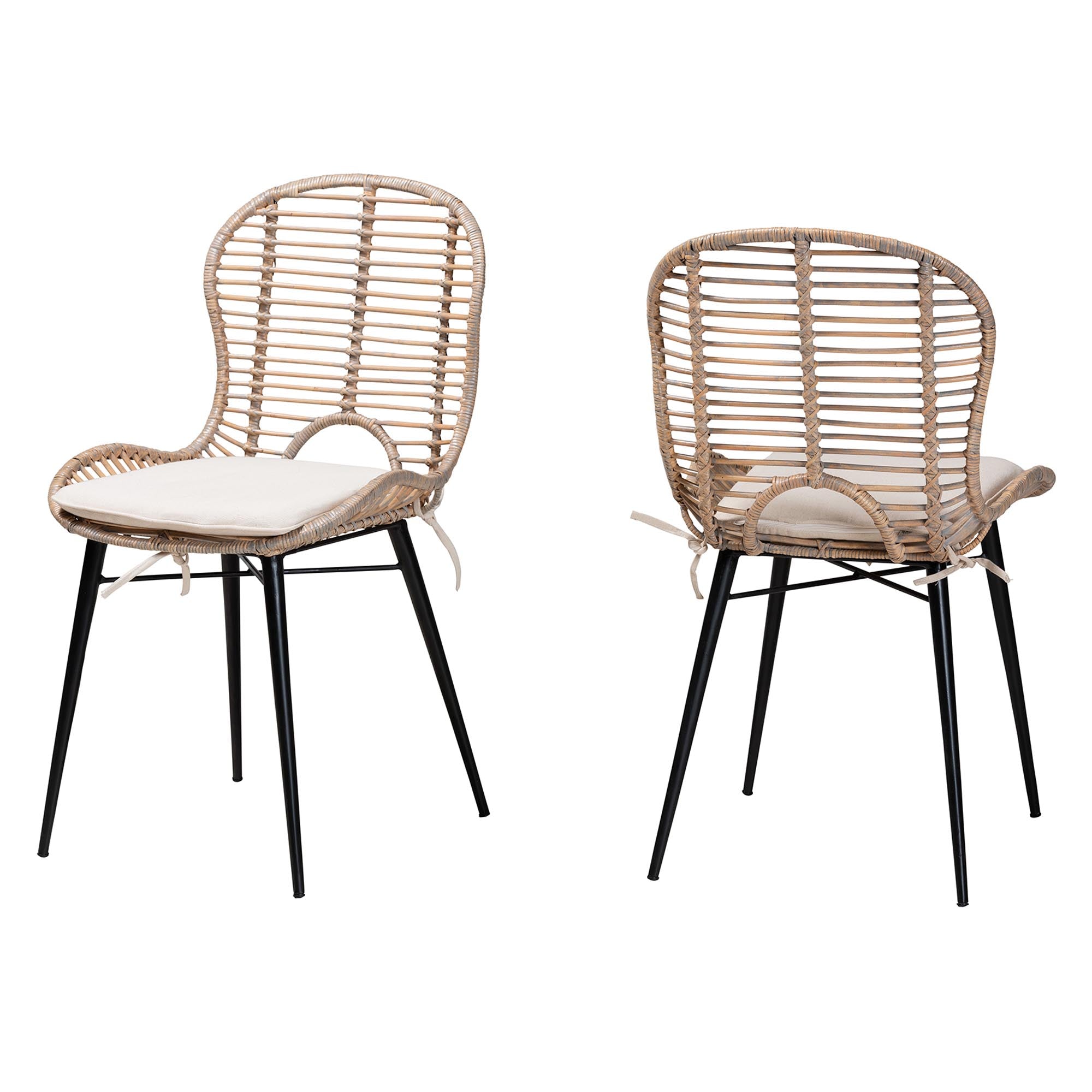 Baxton Studio Brenna Modern Bohemian Greywashed Rattan And Black Metal 2-Piece Dining Chair Set