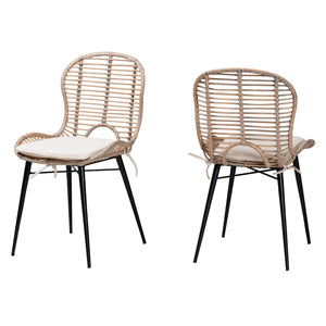 Baxton Studio Brenna Modern Bohemian Greywashed Rattan And Black Metal 2-Piece Dining Chair Set