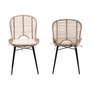 Baxton Studio Brenna Modern Bohemian Greywashed Rattan And Black Metal 2-Piece Dining Chair Set