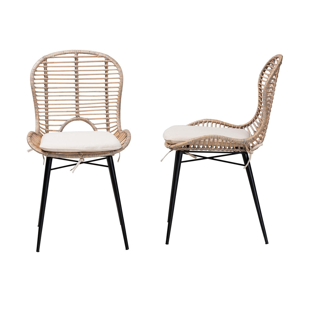 Baxton Studio Brenna Modern Bohemian Greywashed Rattan And Black Metal 2-Piece Dining Chair Set