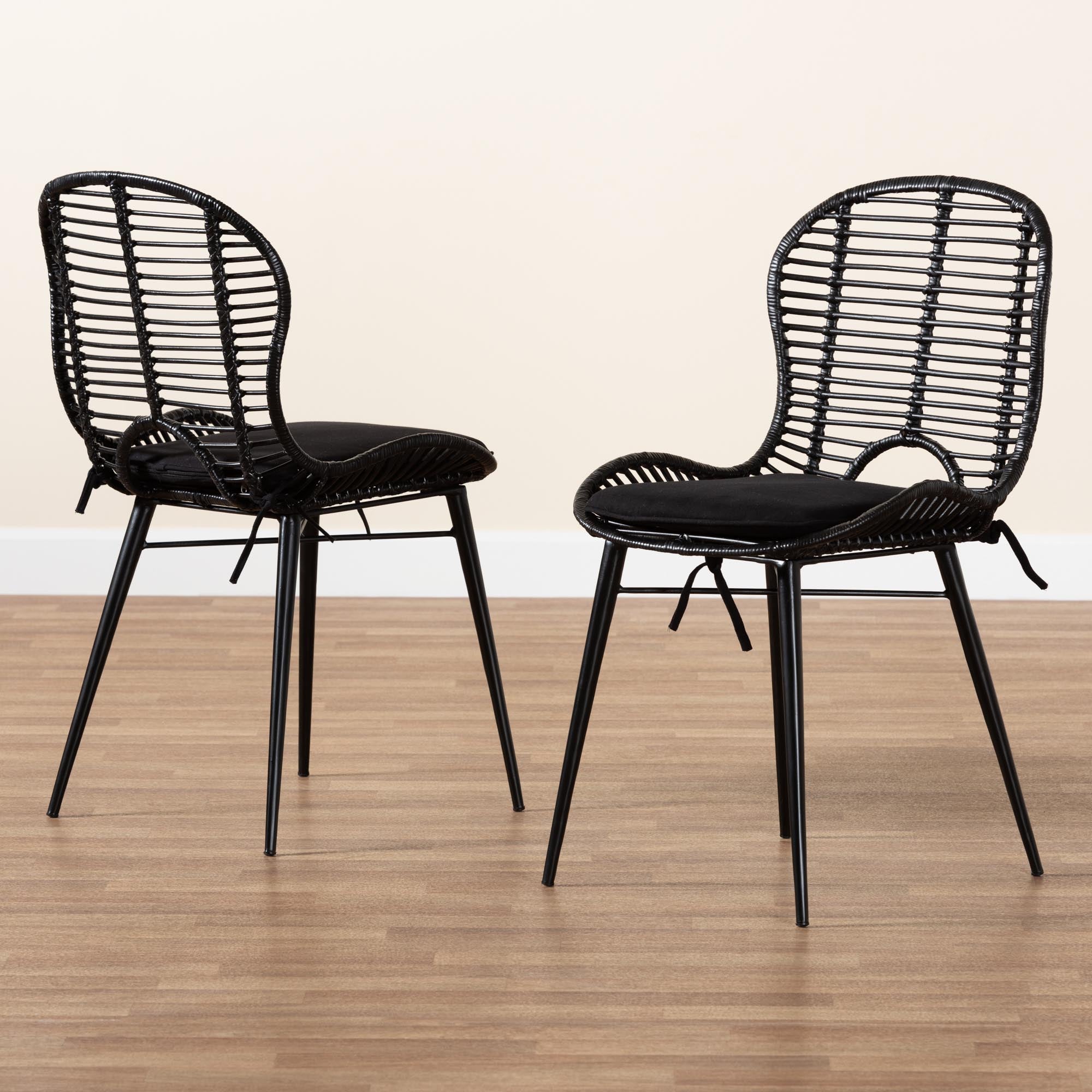 Baxton Studio Brenna Modern Bohemian Black Finished Rattan And Metal 2-Piece Dining Chair Set