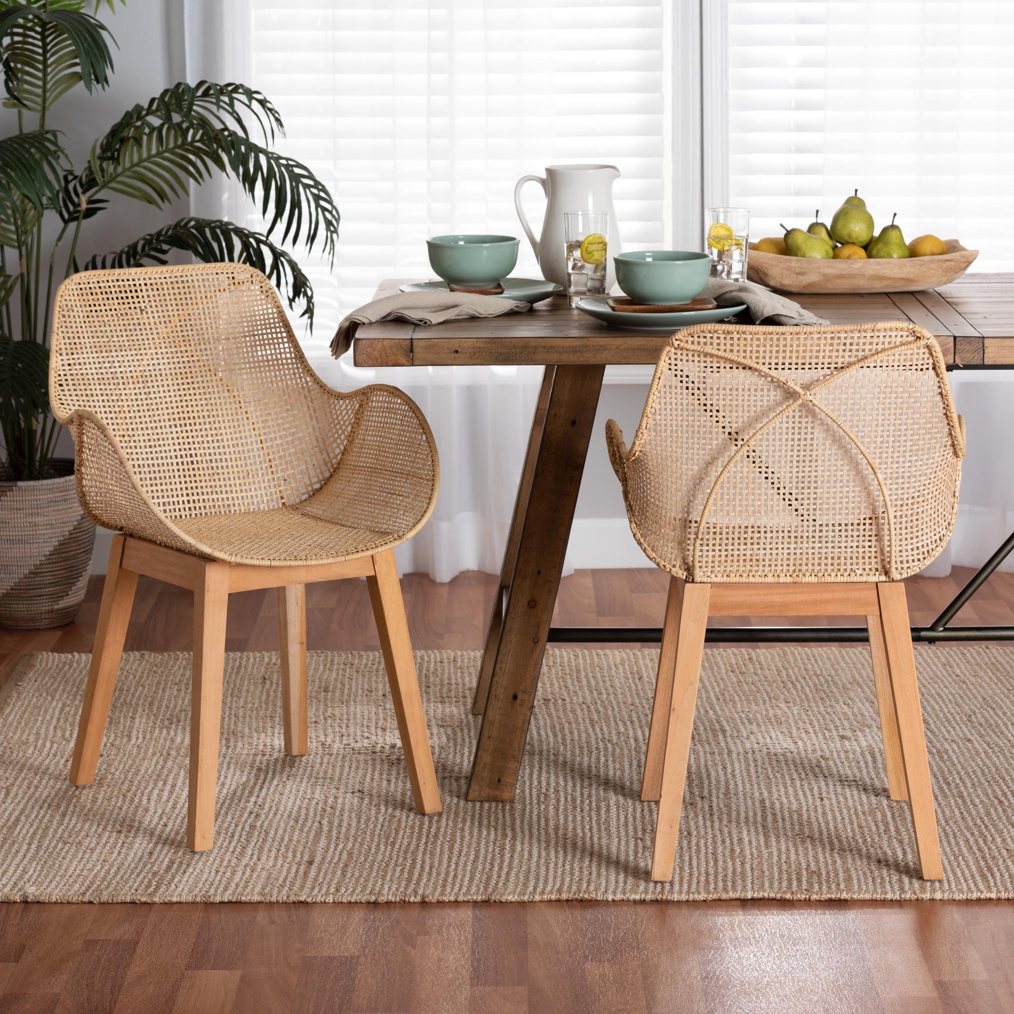 Baxton Studio Ballerina Japandi Natural Brown Finished Mahogany Wood And Rattan 2-Piece Dining Chair Set