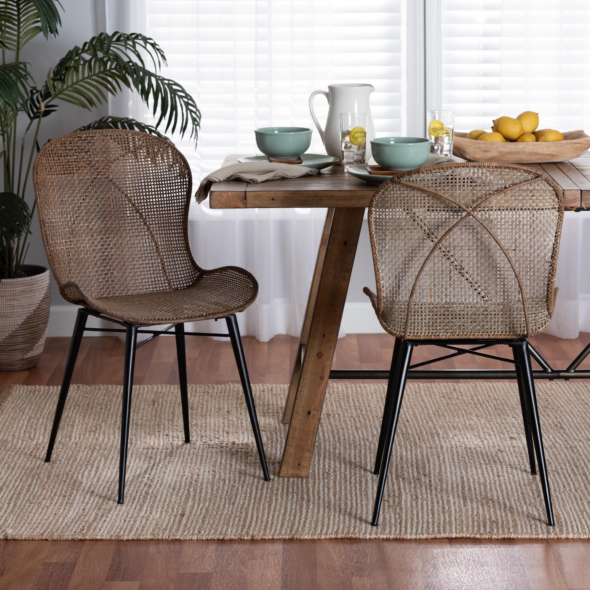 Baxton Studio Sabelle Japandi Greywashed Rattan And Black Metal 2-Piece Dining Chair Set