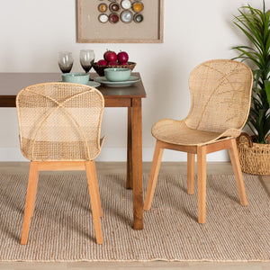 Baxton Studio Sabelle Japandi Natural Brown Mahogany And Rattan 2-Piece Dining Chair Set