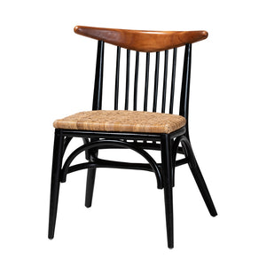 Baxton Studio Parthenia Mid-Century Modern Two-Tone Black And Walnut Brown Finished Mahogany Wood And Natural Rattan Dining Chair