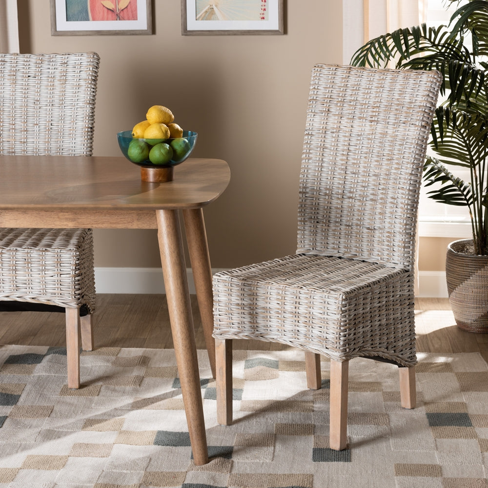 Baxton Studio Trianna Rustic Transitional Whitewashed Rattan And Natural Brown Finished Wood Dining Chair