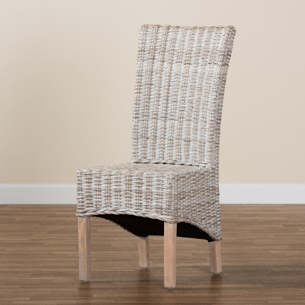 Baxton Studio Trianna Rustic Transitional Whitewashed Rattan And Natural Brown Finished Wood Dining Chair