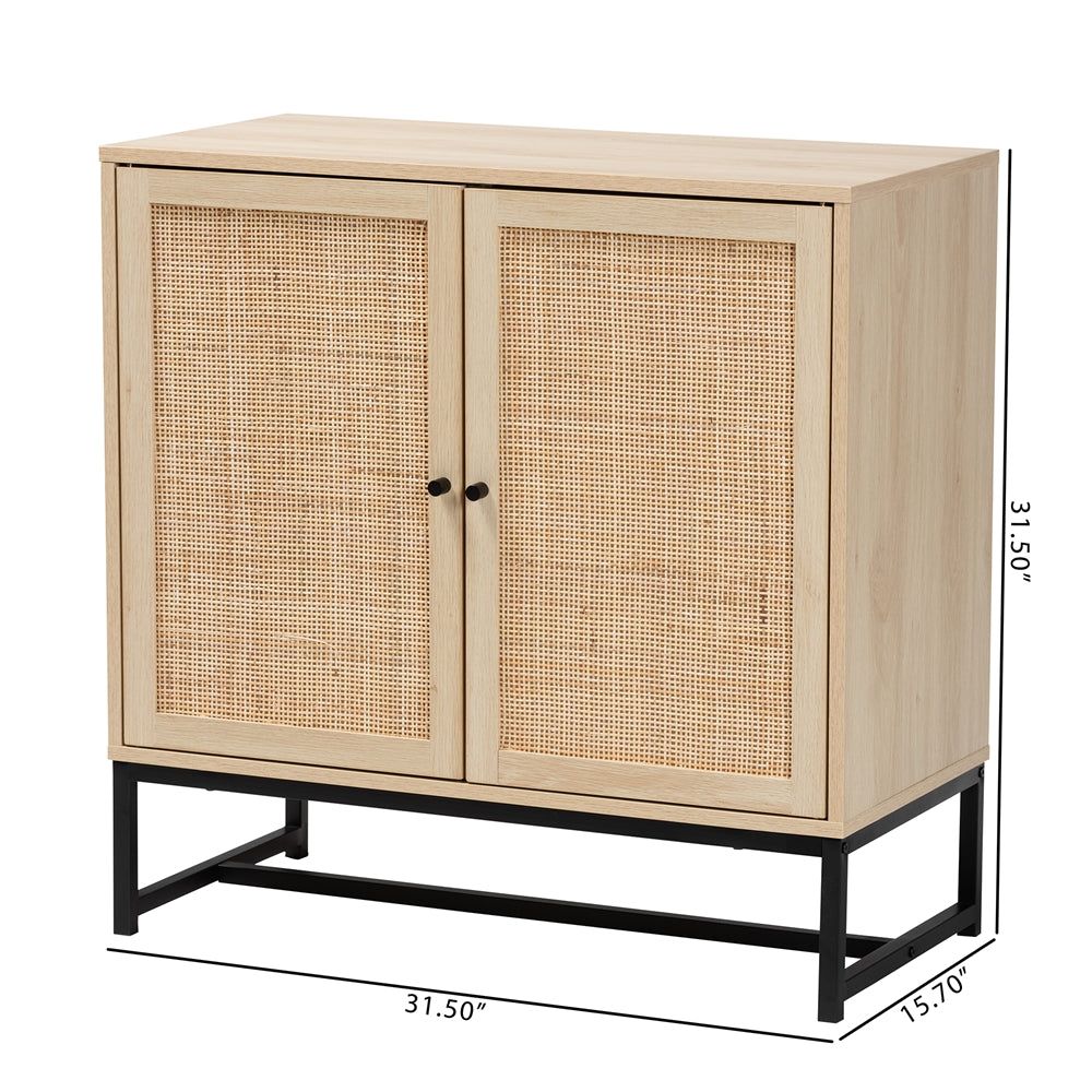 Baxton Studio Caterina Mid-Century Modern Transitional Natural Brown Finished Wood And Natural Rattan 2-Door Storage Cabinet