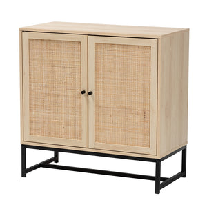 Baxton Studio Caterina Mid-Century Modern Transitional Natural Brown Finished Wood And Natural Rattan 2-Door Storage Cabinet