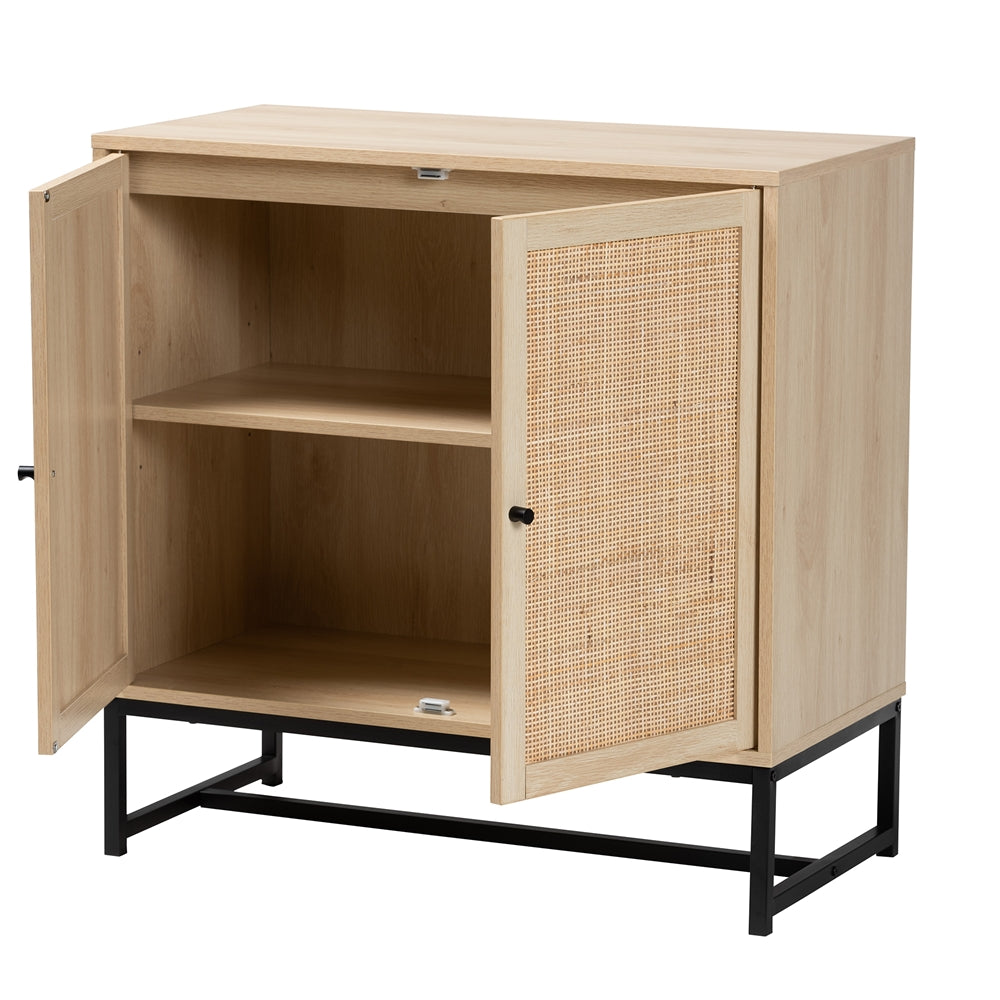 Baxton Studio Caterina Mid-Century Modern Transitional Natural Brown Finished Wood And Natural Rattan 2-Door Storage Cabinet