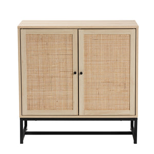 Baxton Studio Caterina Mid-Century Modern Transitional Natural Brown Finished Wood And Natural Rattan 2-Door Storage Cabinet