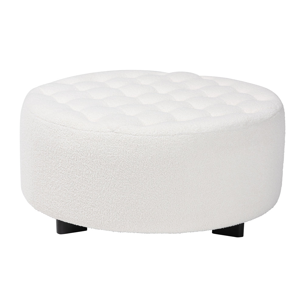 Baxton Studio Athena Modern And Contemporary Ivory Boucle Upholstered And Black Finished Wood Round Ottoman