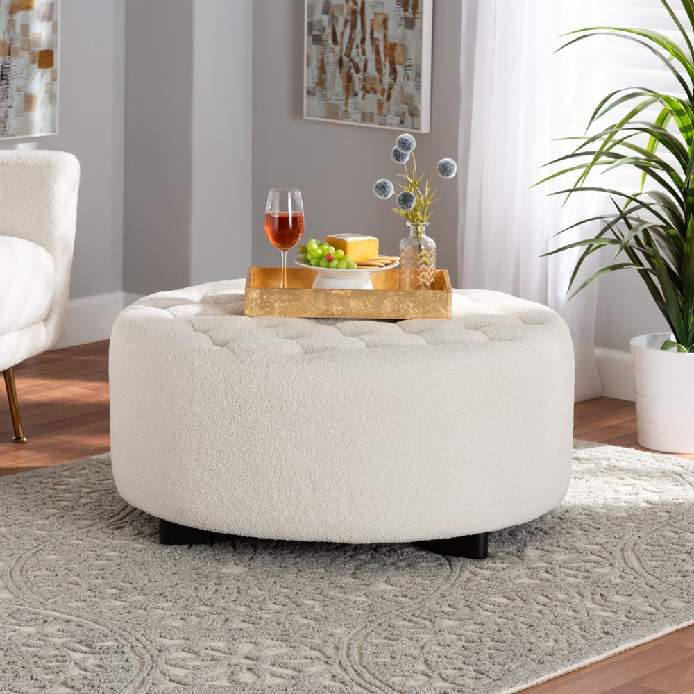 Baxton Studio Athena Modern And Contemporary Ivory Boucle Upholstered And Black Finished Wood Round Ottoman