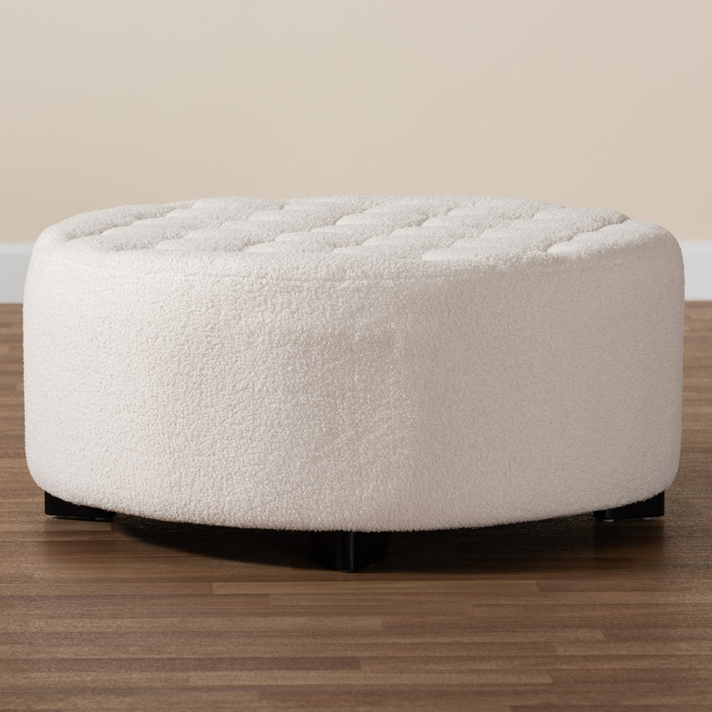 Baxton Studio Athena Modern And Contemporary Ivory Boucle Upholstered And Black Finished Wood Round Ottoman