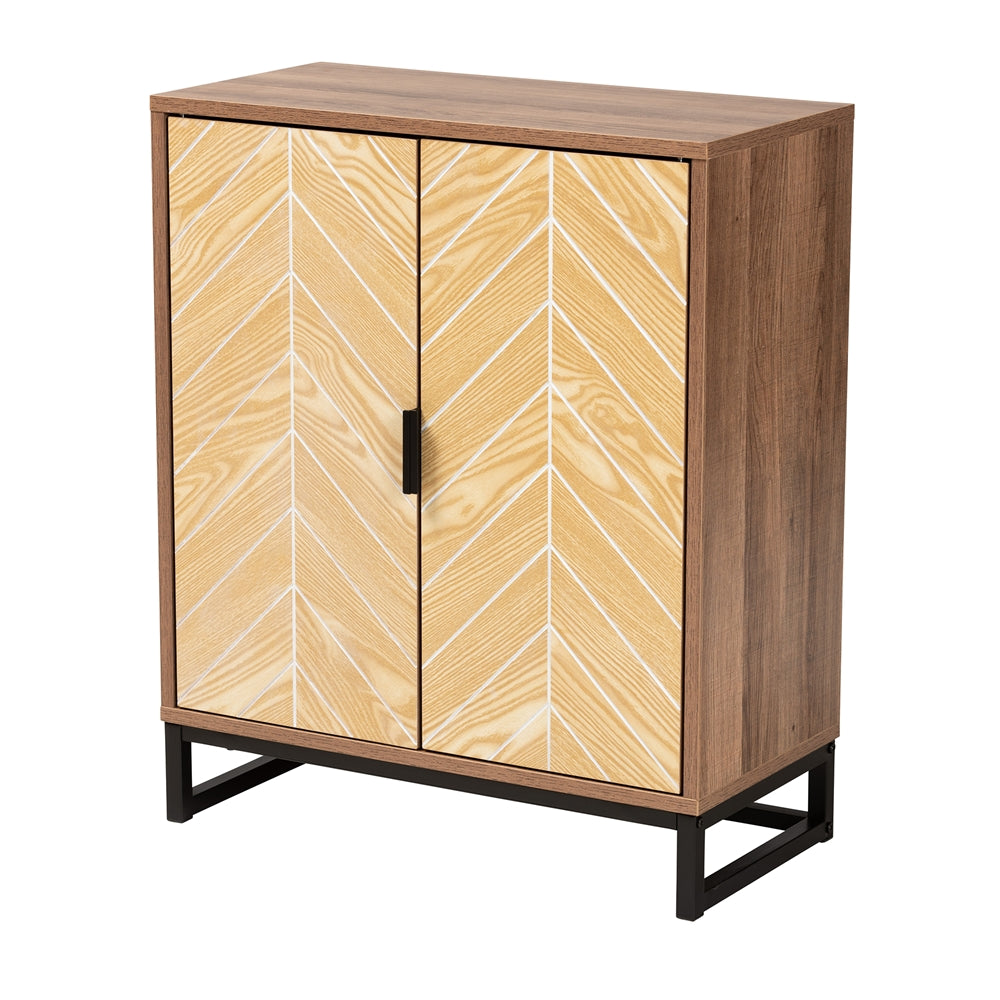 Baxton Studio Josephine Mid-Century Modern Transitional Two-Tone Walnut And Natural Brown Finished Wood And Black Metal 2-Door Storage Cabinet